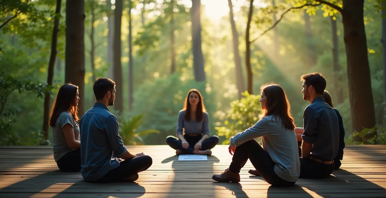 Groupe de professionnels en cercle échangeant dans un environnement naturel verdoyant
