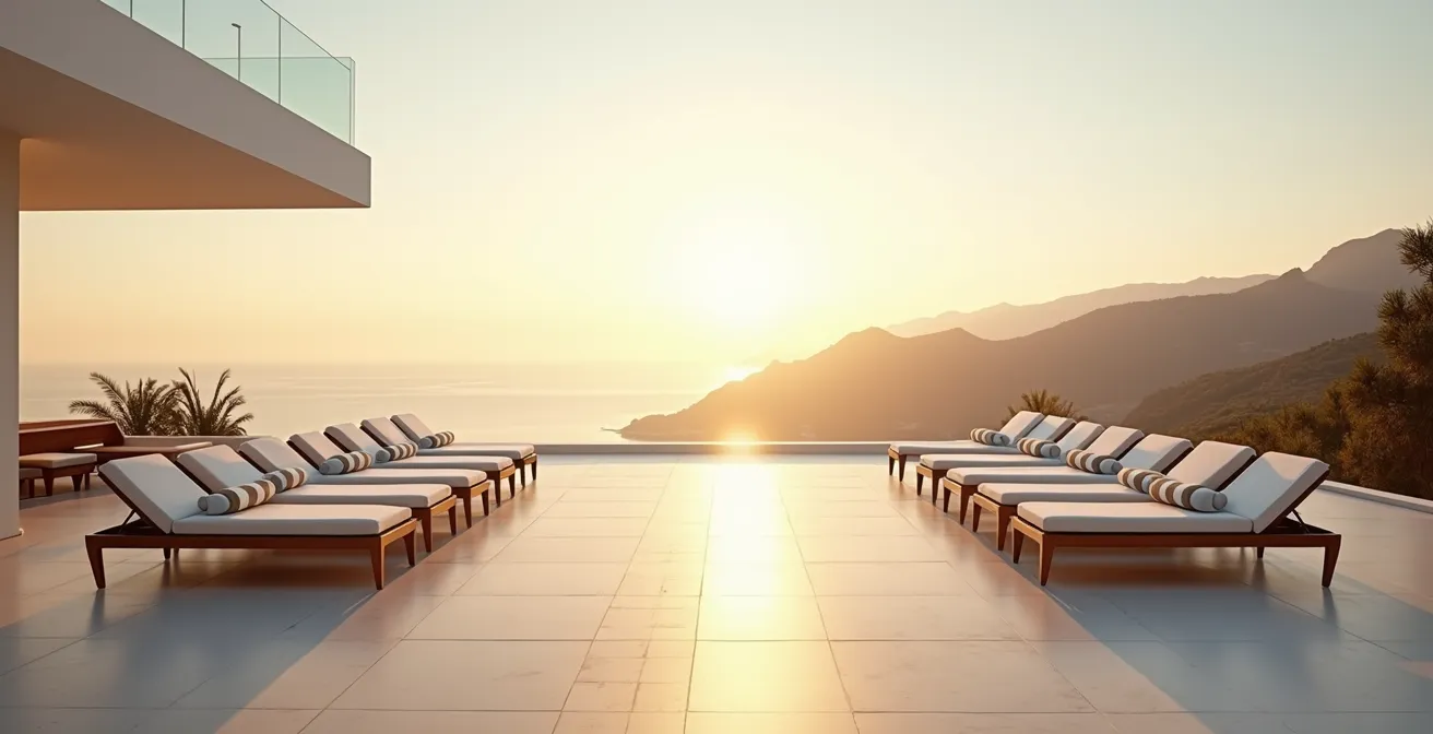 Vue panoramique d'un espace de séminaire avec terrasse donnant sur mer et montagnes