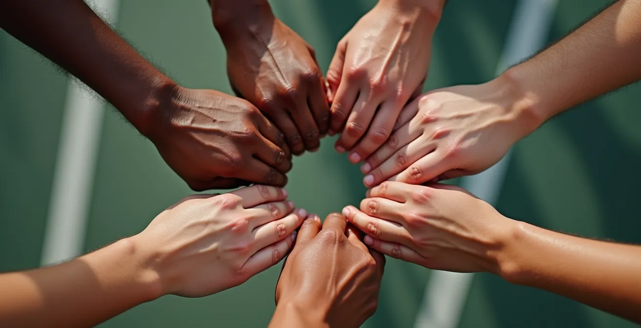 Mains d'équipe formant un cercle, détail macro sur texture de peau et effort