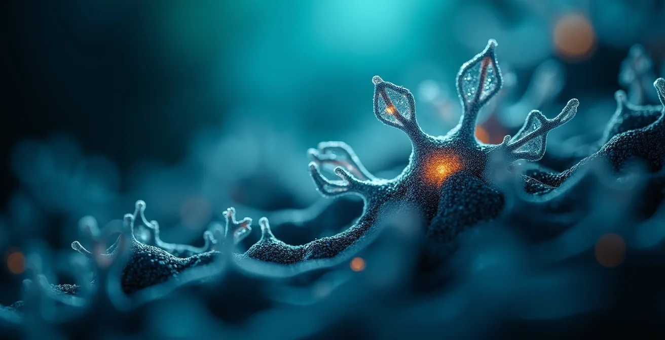 Vue macro de connexions neuronales stylisées en structure organique lumineuse