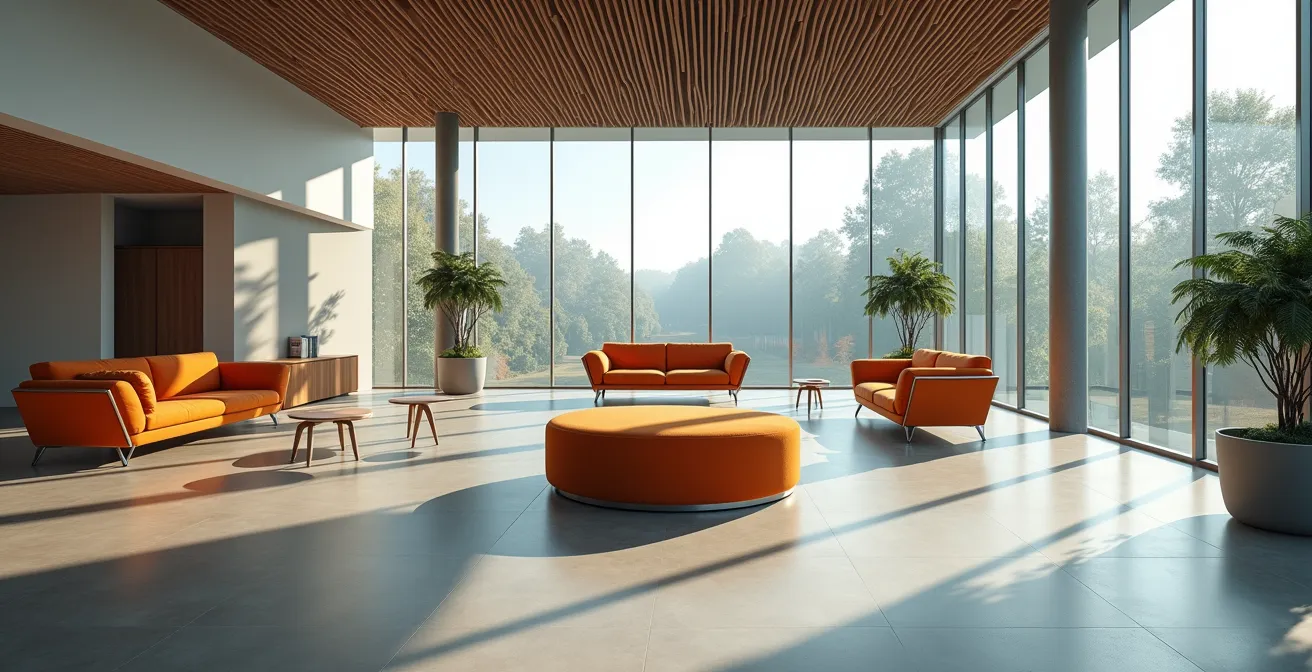 Espace de séminaire modulable avec zones distinctes pour travail et détente