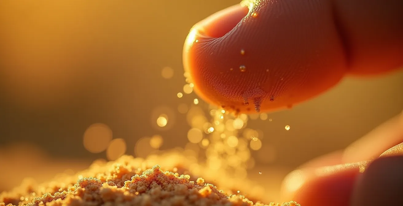 Gros plan sur du sable s'écoulant entre des doigts