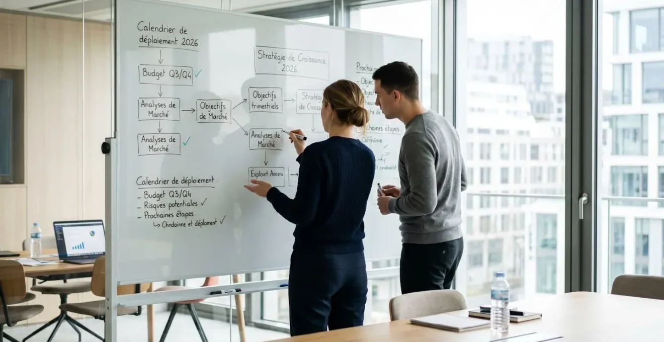 Deux collaborateurs de dos participant à un atelier de brainstorming avec des post-it colorés sur un tableau blanc dans une salle de réunion moderne et lumineuse