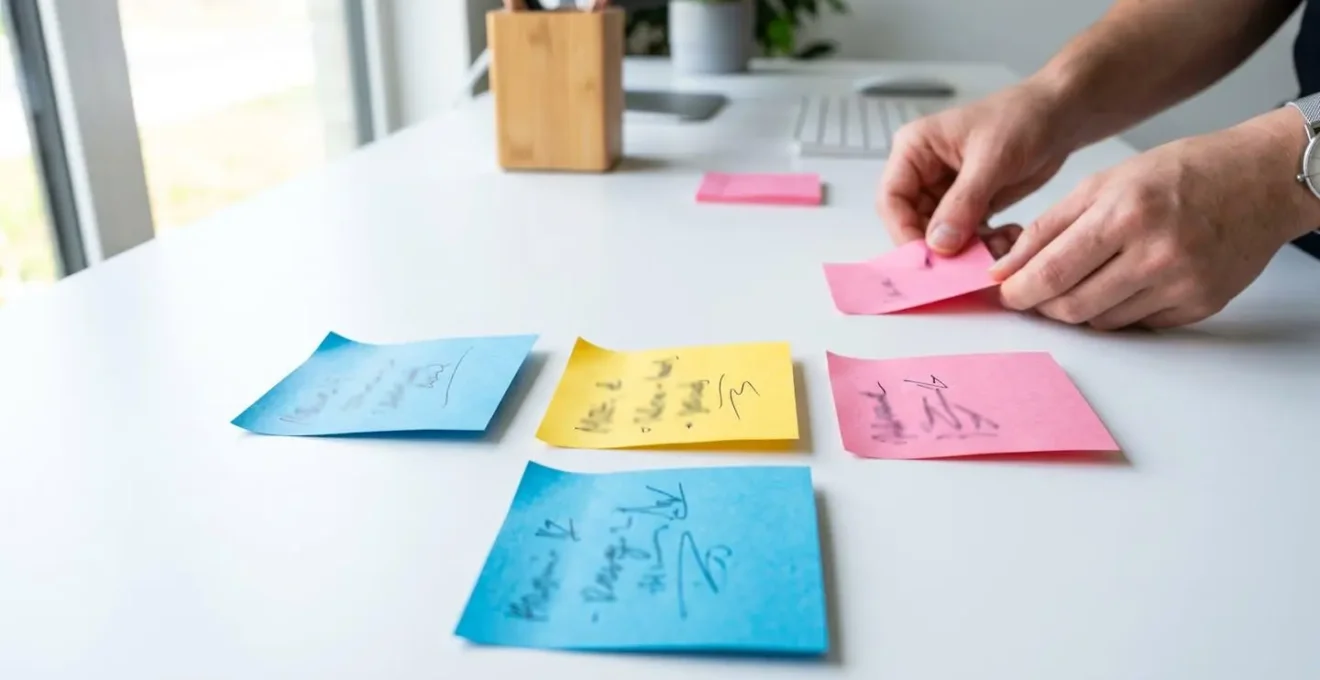 Gros plan sur des post-it de couleurs vives disposés sur une table blanche moderne avec des mains floues en arrière-plan