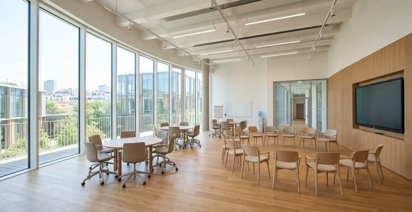 Salle de séminaire contemporaine vide avec chaises disposées en cercle, grandes baies vitrées et lumière naturelle abondante